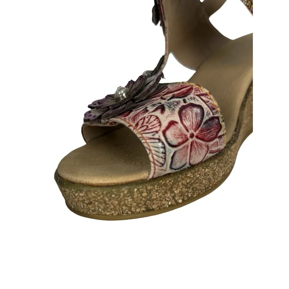 L'artiste Radd Geo Prm Wedge Sandals Heels Multicolor Leather Flower Sz 38/7.5-8